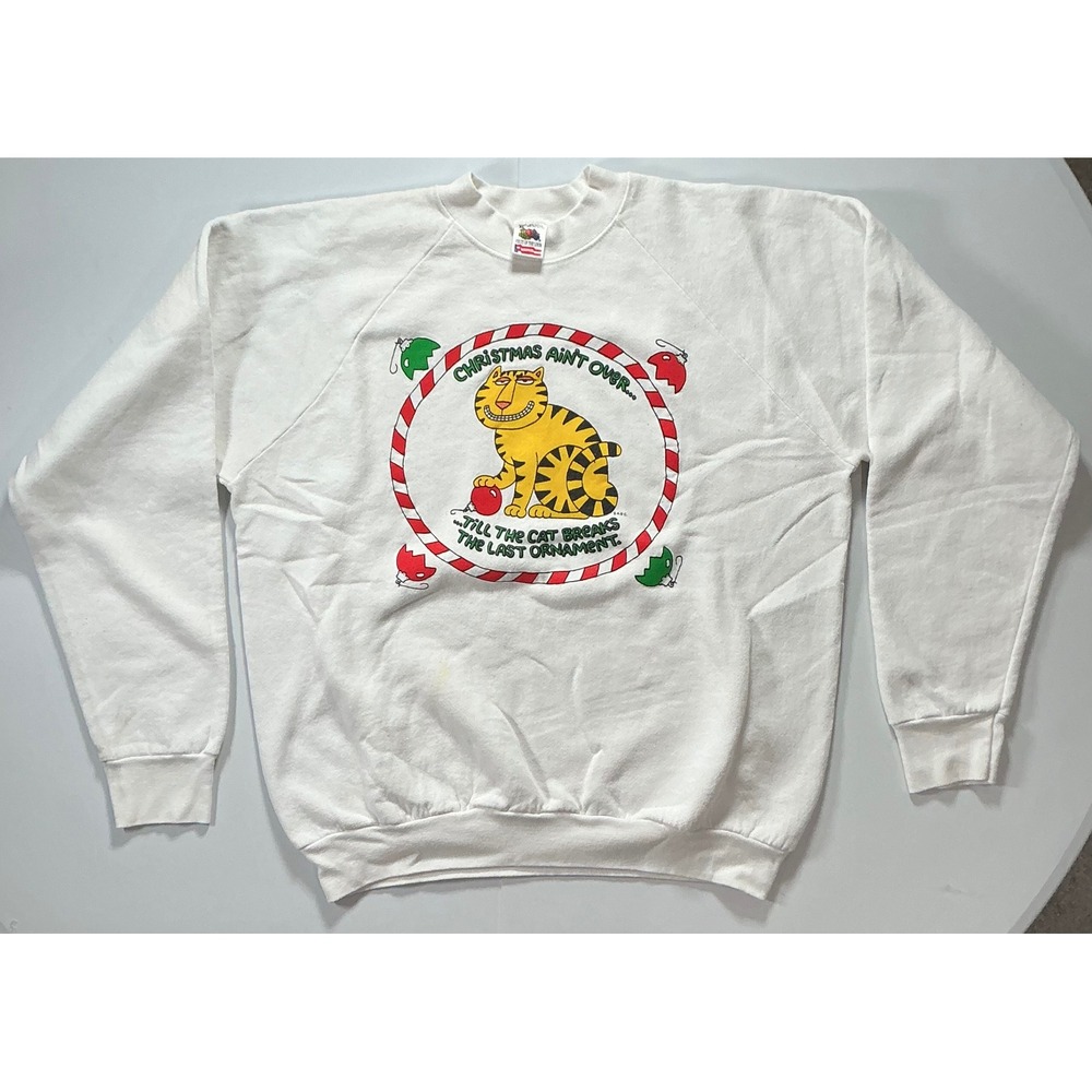 VTG 90s USA Made Funny Christmas Cat Sweatshirt XL White Christmas Tree Santa
